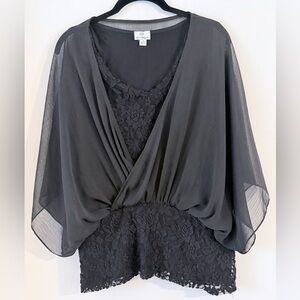 Hot in Hollywood Black Lace & Chiffon Draped Blouse Size S